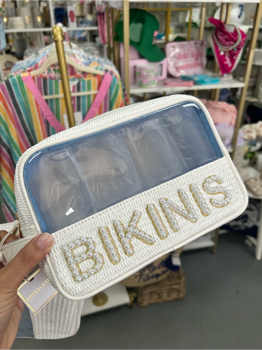 Shiraleah White Woven Clear Cosmetic Bag with Blue Lining